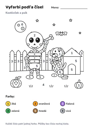 Kostlivček a psík – vyfarbi podľa čísel – list na vytlačenie