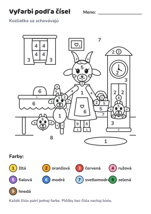 Kozliatka sa schovávajú – vyfarbi podľa čísel – list na vytlačenie
