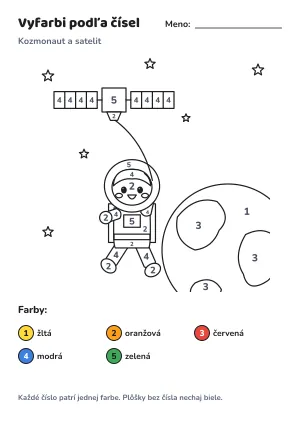 Kozmonaut a satelit – vyfarbi podľa čísel – list na vytlačenie