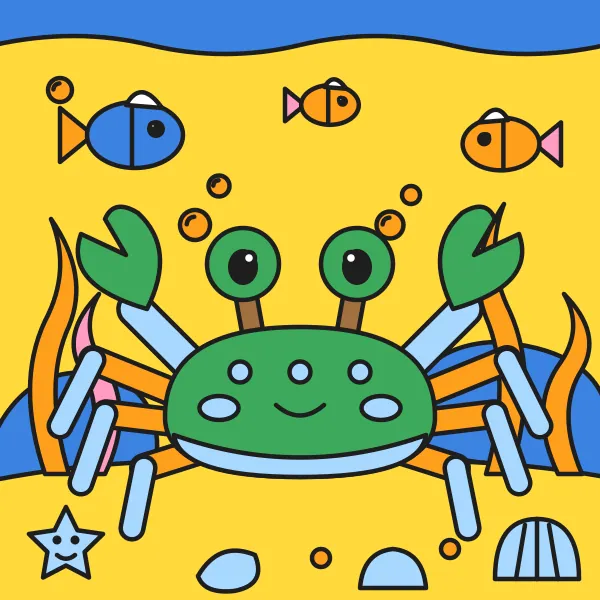Krab na morskom dne vyfarbená podľa čísel – ukážka hotového obrázka