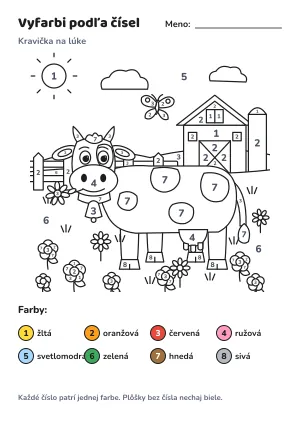 Kravička na lúke – vyfarbi podľa čísel – list na vytlačenie