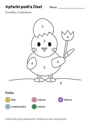 Kuriatko s tulipánom – vyfarbi podľa čísel – list na vytlačenie