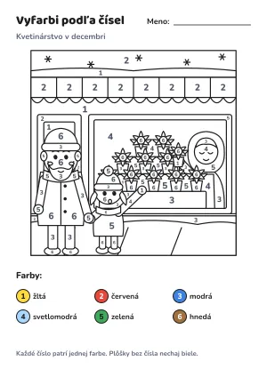 Kvetinárstvo v decembri – vyfarbi podľa čísel – list na vytlačenie