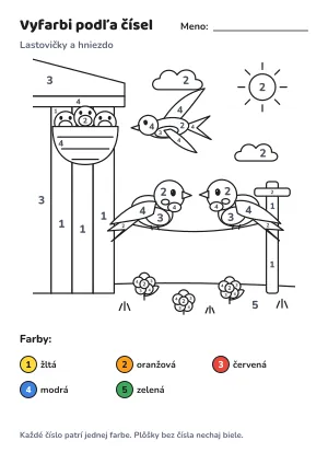 Lastovičky a hniezdo – vyfarbi podľa čísel – list na vytlačenie