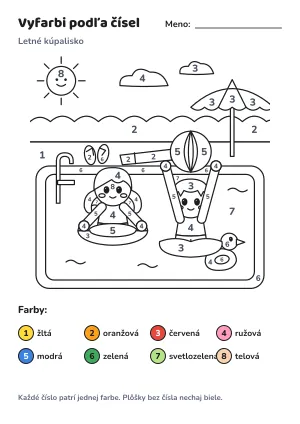 Letné kúpalisko – vyfarbi podľa čísel – list na vytlačenie