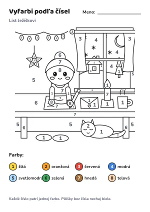 List Ježiškovi – vyfarbi podľa čísel – list na vytlačenie