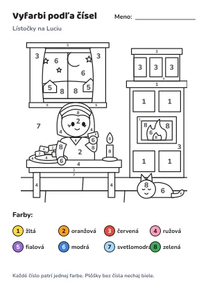 Lístočky na Luciu – vyfarbi podľa čísel – list na vytlačenie