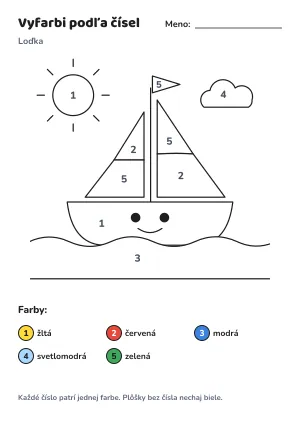 Loďka – vyfarbi podľa čísel – list na vytlačenie