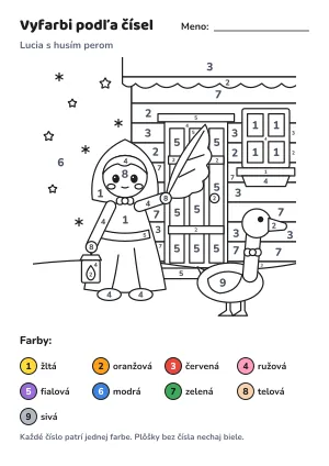 Lucia s husím perom – vyfarbi podľa čísel – list na vytlačenie