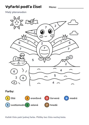 Malý pteranodon – vyfarbi podľa čísel – list na vytlačenie