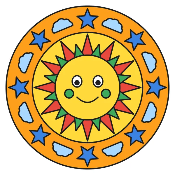 Mandala slniečko a hviezdy vyfarbená podľa čísel – ukážka hotového obrázka