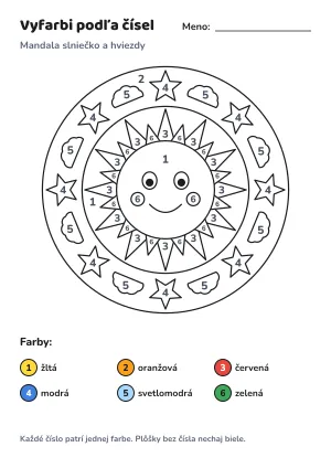 Mandala slniečko a hviezdy – vyfarbi podľa čísel – list na vytlačenie