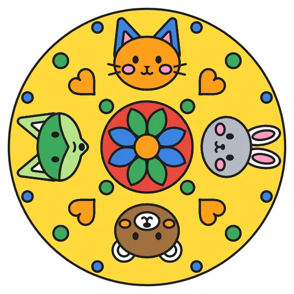 Mandala so zvieratkami vyfarbená podľa čísel – ukážka hotového obrázka
