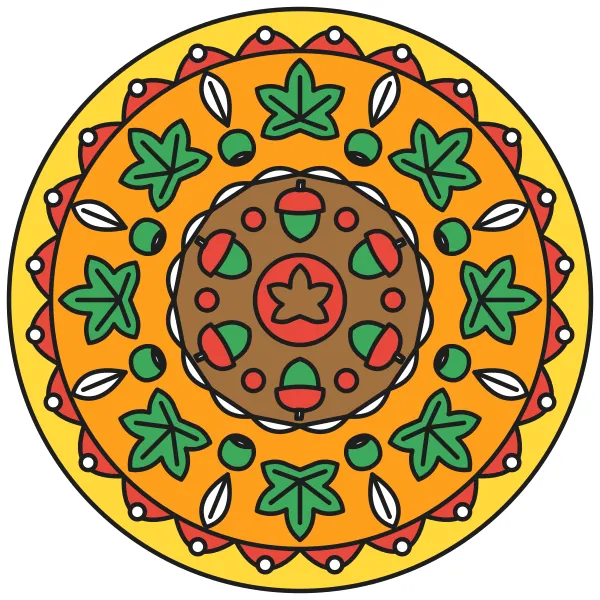 Mandala z javorových listov vyfarbená podľa čísel – ukážka hotového obrázka