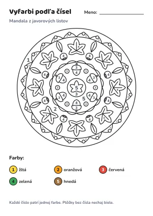 Mandala z javorových listov – vyfarbi podľa čísel – list na vytlačenie