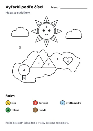 Mapa so slniečkom – vyfarbi podľa čísel – list na vytlačenie