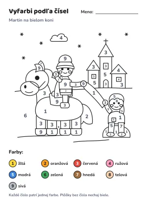 Martin na bielom koni – vyfarbi podľa čísel – list na vytlačenie