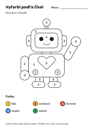 Mávajúci robotík – vyfarbi podľa čísel – list na vytlačenie
