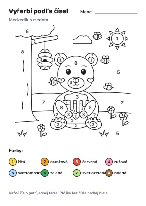 Medvedík s medom – vyfarbi podľa čísel – list na vytlačenie