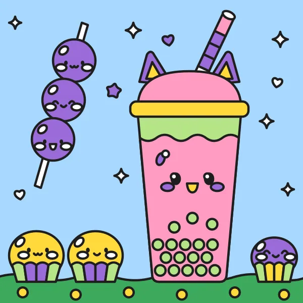 Mochi a bubble tea vyfarbená podľa čísel – ukážka hotového obrázka