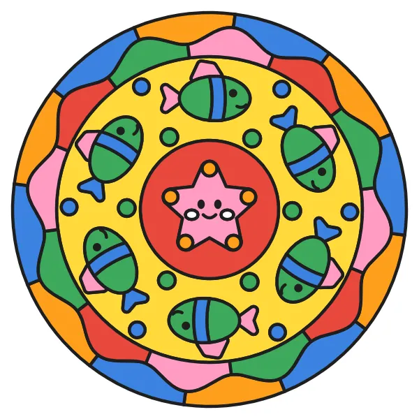 Morská mandala vyfarbená podľa čísel – ukážka hotového obrázka