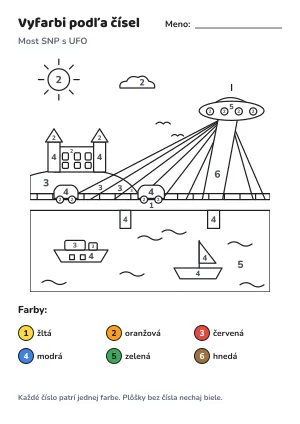 Most SNP s UFO – vyfarbi podľa čísel – list na vytlačenie