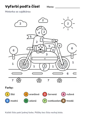 Motorka so sajdkárou – vyfarbi podľa čísel – list na vytlačenie