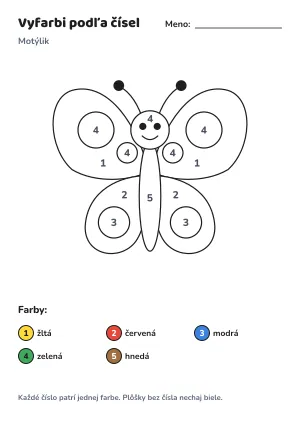 Motýlik – vyfarbi podľa čísel – list na vytlačenie