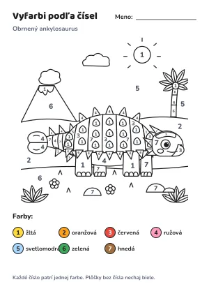 Obrnený ankylosaurus – vyfarbi podľa čísel – list na vytlačenie