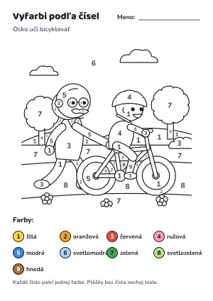 Ocko učí bicyklovať – vyfarbi podľa čísel – list na vytlačenie