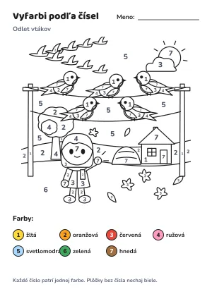 Odlet vtákov – vyfarbi podľa čísel – list na vytlačenie