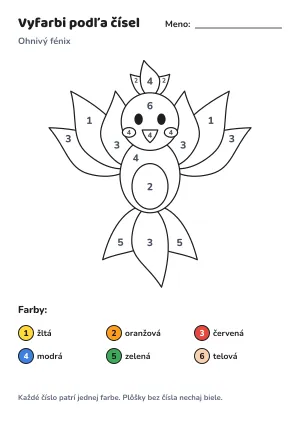 Ohnivý fénix – vyfarbi podľa čísel – list na vytlačenie