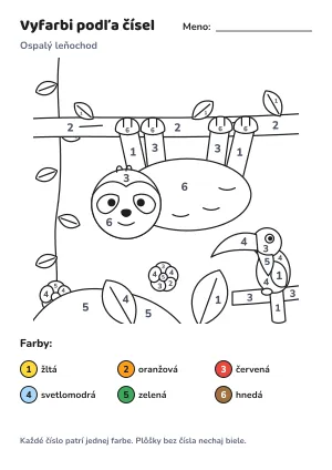 Ospalý leňochod – vyfarbi podľa čísel – list na vytlačenie