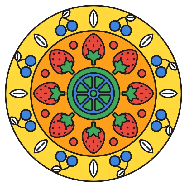 Ovocná mandala vyfarbená podľa čísel – ukážka hotového obrázka