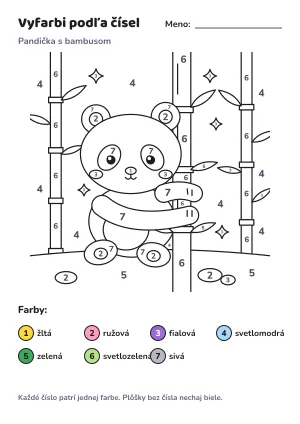 Pandička s bambusom – vyfarbi podľa čísel – list na vytlačenie