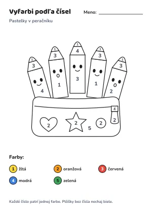 Pastelky v peračníku – vyfarbi podľa čísel – list na vytlačenie