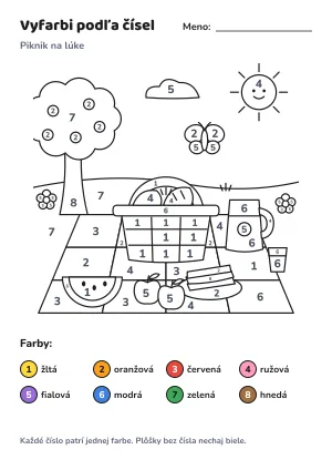 Piknik na lúke – vyfarbi podľa čísel – list na vytlačenie