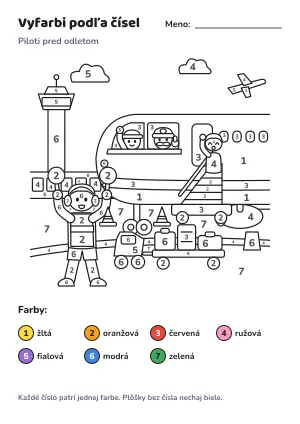 Piloti pred odletom – vyfarbi podľa čísel – list na vytlačenie