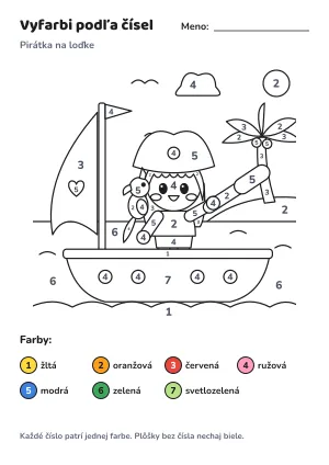 Pirátka na loďke – vyfarbi podľa čísel – list na vytlačenie
