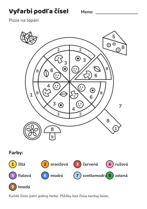 Pizza na lopári – vyfarbi podľa čísel – list na vytlačenie