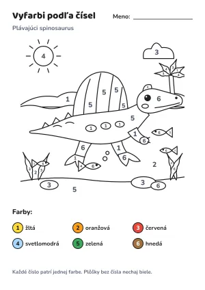 Plávajúci spinosaurus – vyfarbi podľa čísel – list na vytlačenie