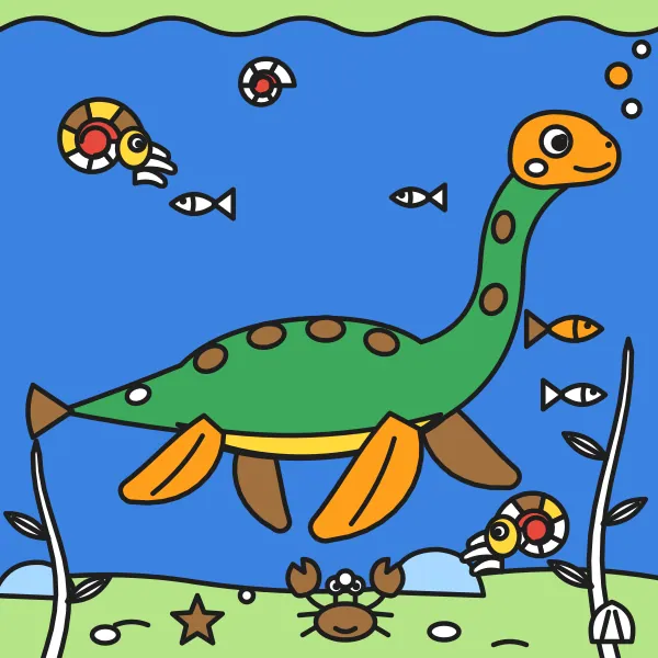 Plesiosaurus pod vodou vyfarbená podľa čísel – ukážka hotového obrázka
