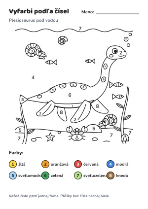 Plesiosaurus pod vodou – vyfarbi podľa čísel – list na vytlačenie