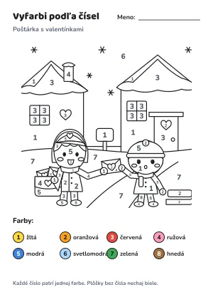 Poštárka s valentínkami – vyfarbi podľa čísel – list na vytlačenie