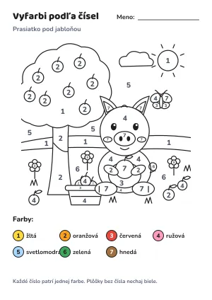 Prasiatko pod jabloňou – vyfarbi podľa čísel – list na vytlačenie