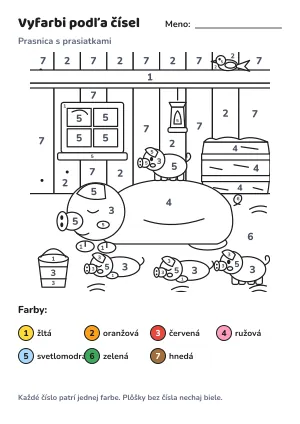 Prasnica s prasiatkami – vyfarbi podľa čísel – list na vytlačenie