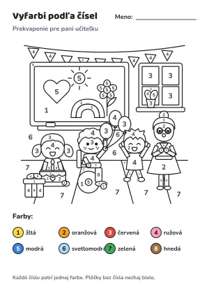 Prekvapenie pre pani učiteľku – vyfarbi podľa čísel – list na vytlačenie