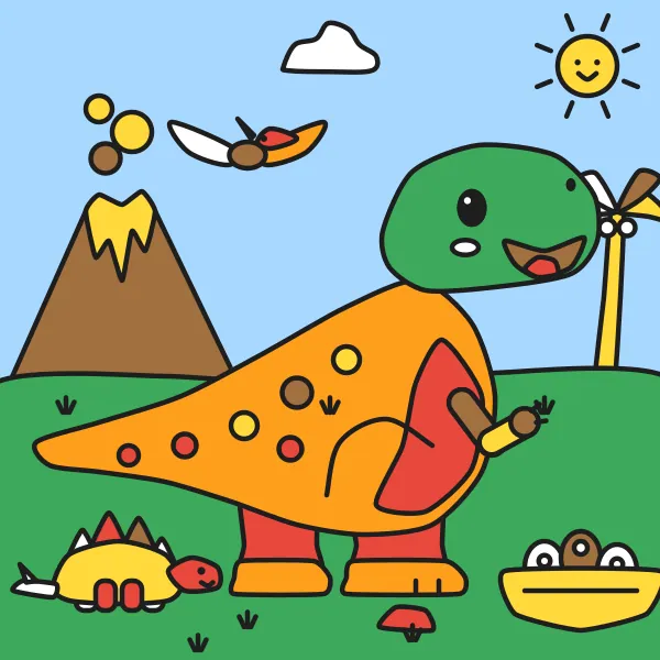Priateľský tyranosaurus vyfarbená podľa čísel – ukážka hotového obrázka
