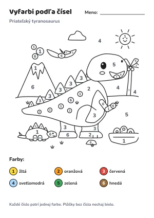 Priateľský tyranosaurus – vyfarbi podľa čísel – list na vytlačenie