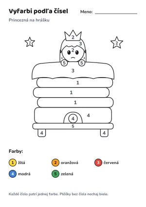Princezná na hrášku – vyfarbi podľa čísel – list na vytlačenie